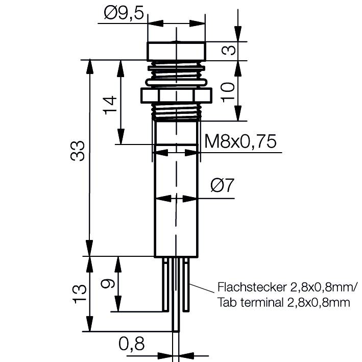 Dessin technique d'une fiche avec dimensions : Longueur totale 33 mm, diamètre 9,5 mm, filetage M8x0,75, connexion à fiche plate 2,8x0,8 mm.
