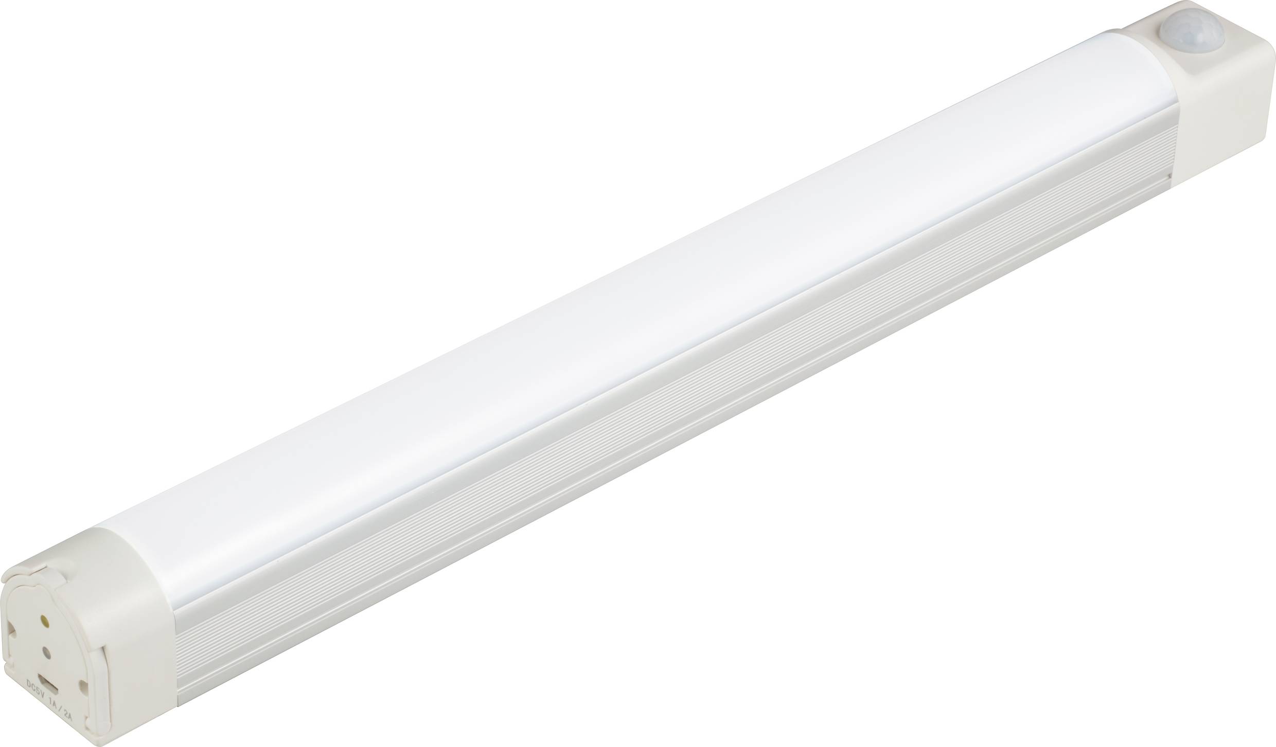 Tube LED dans un boîtier blanc, allongée et cylindrique, typique pour l'éclairage dans les bureaux ou les espaces résidentiels.