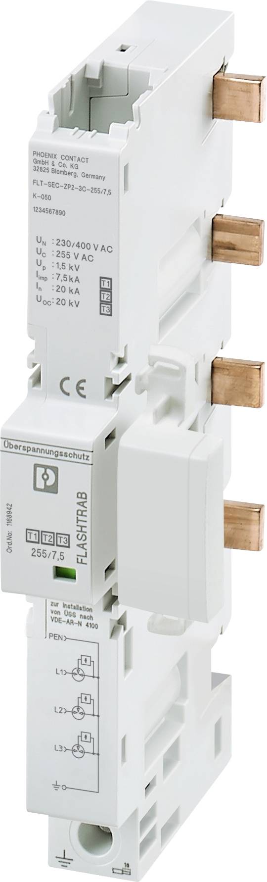 Un module de protection électrique avec des étiquettes et des éléments en cuivre. Il affiche des paramètres électriques et des symboles de connexion et de sécurité.
