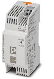 Module d'alimentation compacte DC 24V et 1,3A, gris, avec fentes de ventilation et bornes de connexion, adapté pour un montage sur rail DIN.