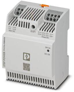 Un appareil électrique blanc avec plusieurs ports et fentes de ventilation. Des impressions indiquent les spécifications et le logo de l'entreprise.