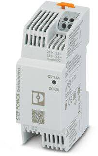 Un bloc d'alimentation gris STEP POWER avec un clip orange en haut et des bornes de connexion pour 12V et 2,5A. Les indicateurs affichent 'DC OK'.