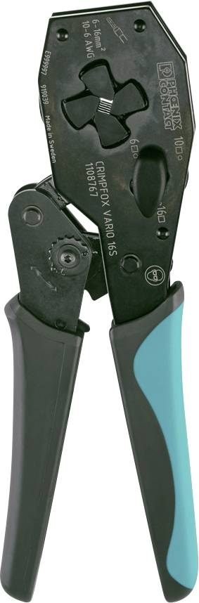 Pince avec poignées noires et accent vert, adaptée au sertissage de câbles.