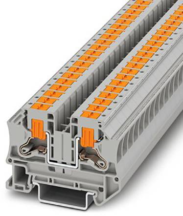 'Gros plan d'un répartiteur de rail DIN gris avec des bornes oranges ; montre des composants d'électrotechnique industrielle.'