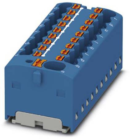 Connecteur électrique bleu avec plusieurs bornes oranges en haut, destiné à la connexion et à la distribution de fils.