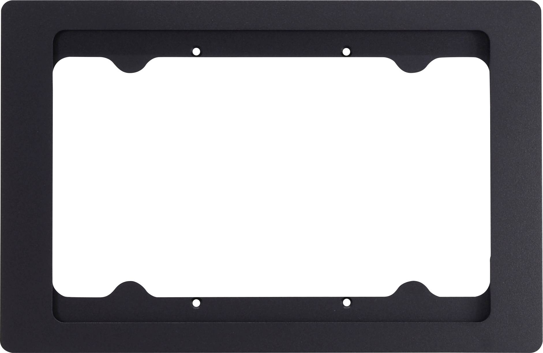 Cadre rectangulaire noir avec des coins arrondis et quatre trous de fixation.