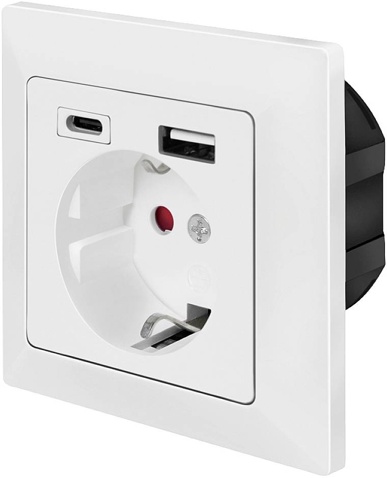 Prise murale blanche avec ports USB-A et USB-C intégrés pour un chargement multifonctionnel.