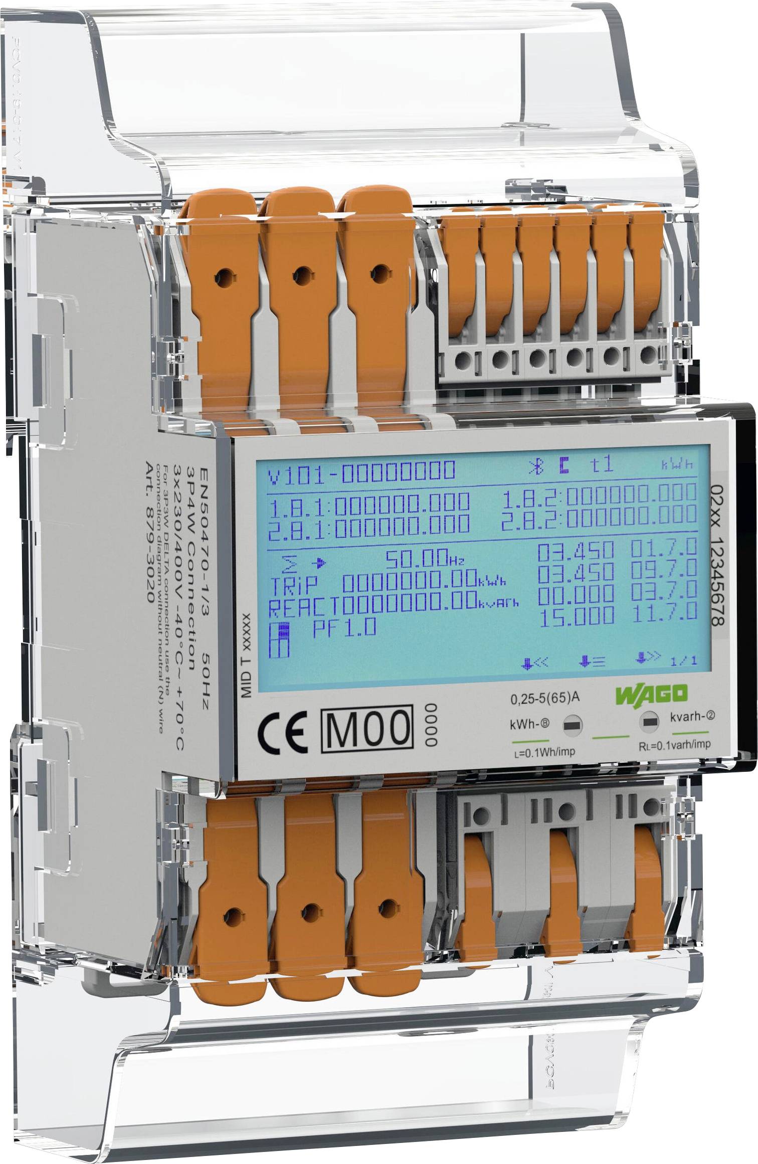 Compteur électrique transparent avec des bornes oranges et un affichage numérique indiquant des mesures électriques.