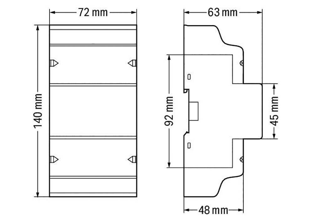 Deux dessins techniques d'un objet rectangulaire avec les dimensions suivantes : 72x140 mm et 63x92 mm. Présente les vues de face et de côté.