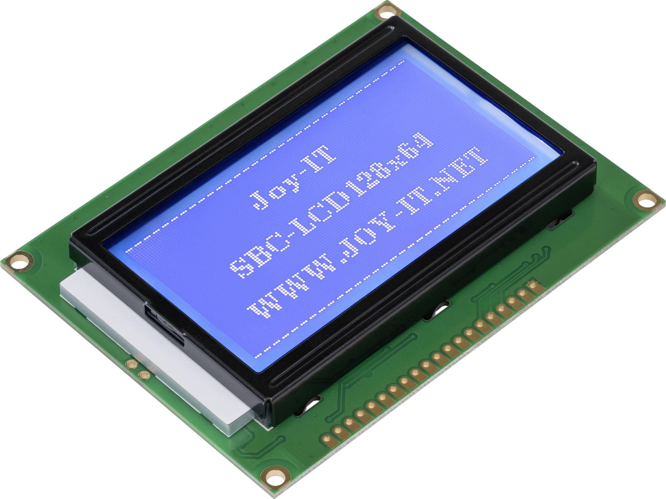 Un module LCD avec un rétroéclairage bleu affiche le texte : « Joy-IT SBC-LCD123x69 WWW.JOY-IT.NET ».