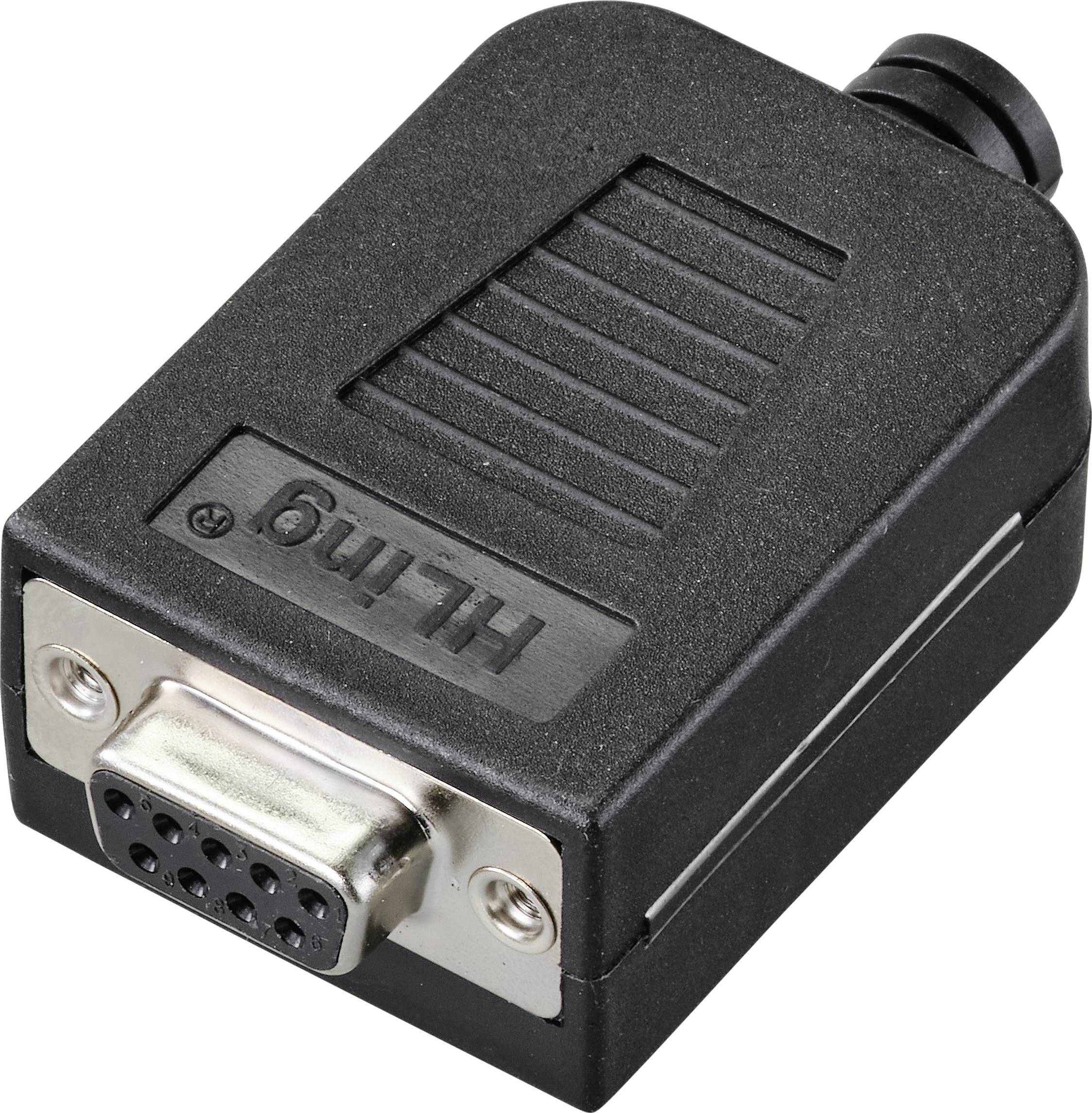 Connecteur VGA noir à neuf broches métalliques, utilisé pour raccorder des moniteurs aux ordinateurs ou à d'autres appareils.