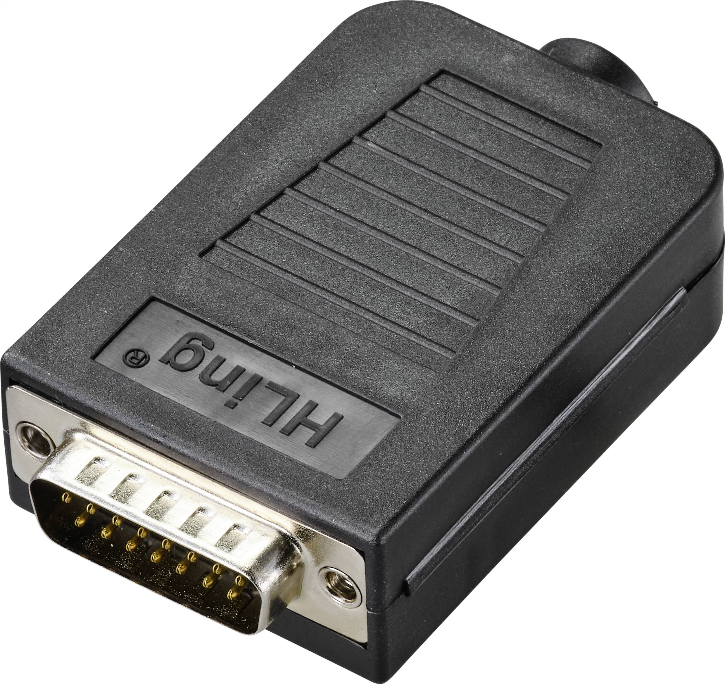 Un adaptateur VGA noir avec une fiche mâle, typiquement utilisé pour connecter des écrans d'ordinateur.