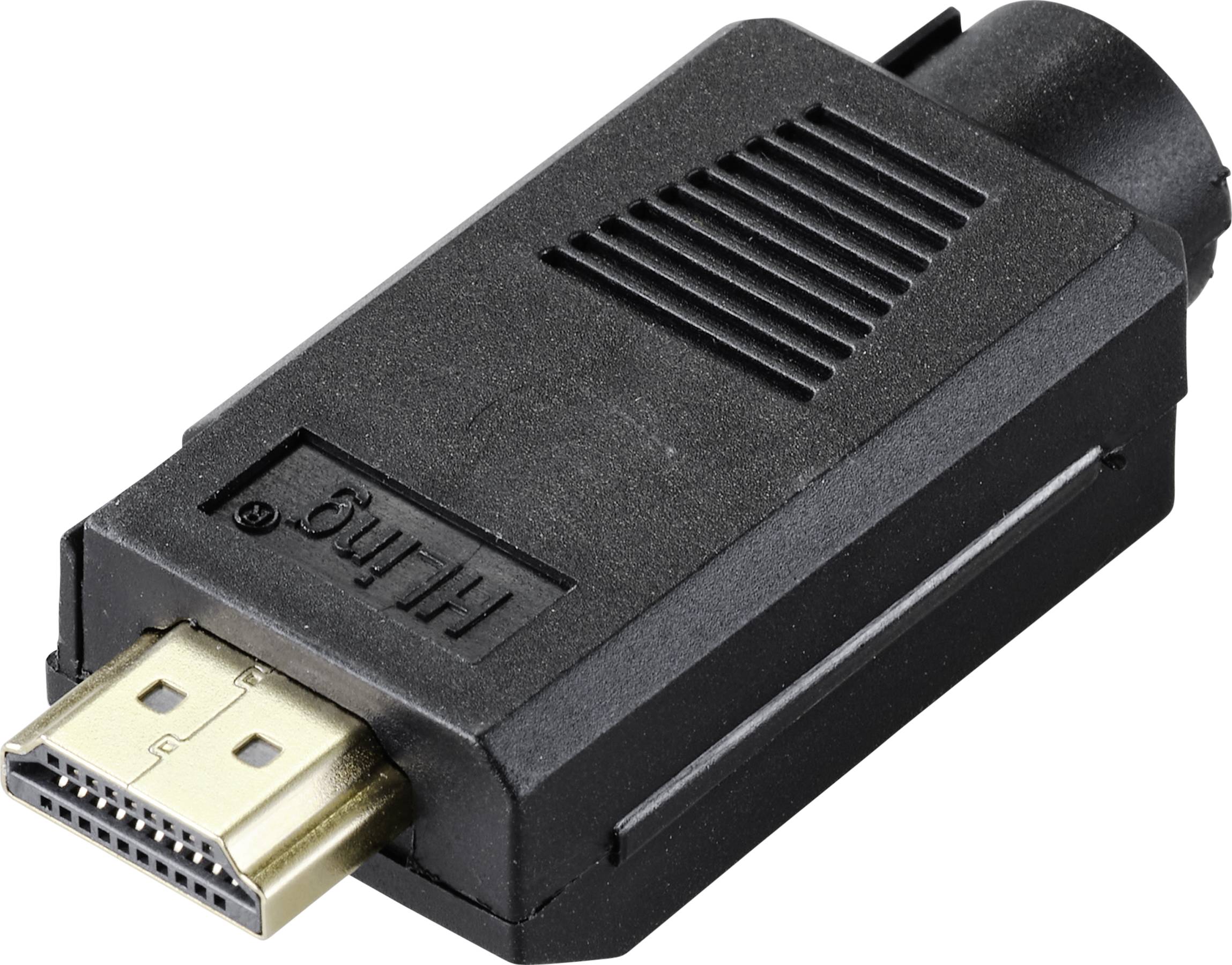 Un adaptateur stick HDMI en noir avec une fiche HDMI à l'avant et un boîtier en plastique plus grand à l'arrière.