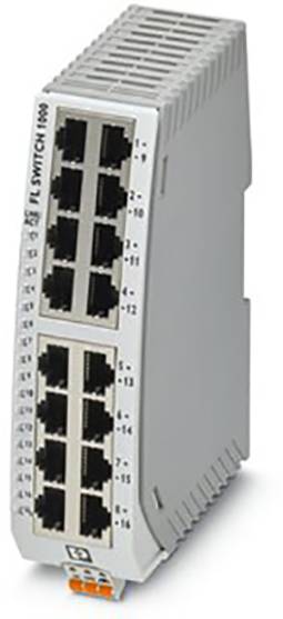 Un commutateur Ethernet gris avec 16 ports RJ45 et un dispositif de fixation latérale, adapté aux applications industrielles.