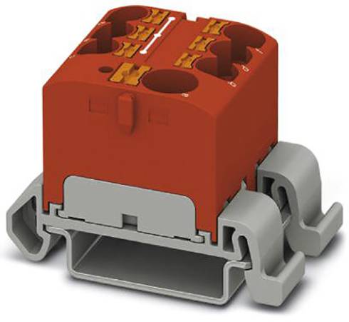Bornier électrique rouge et gris avec plusieurs connexions, monté sur un support.