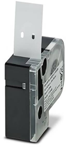 Cassette d'étiquettes noire et transparente avec bande d'étiquettes blanche intégrée, adaptée aux imprimantes.