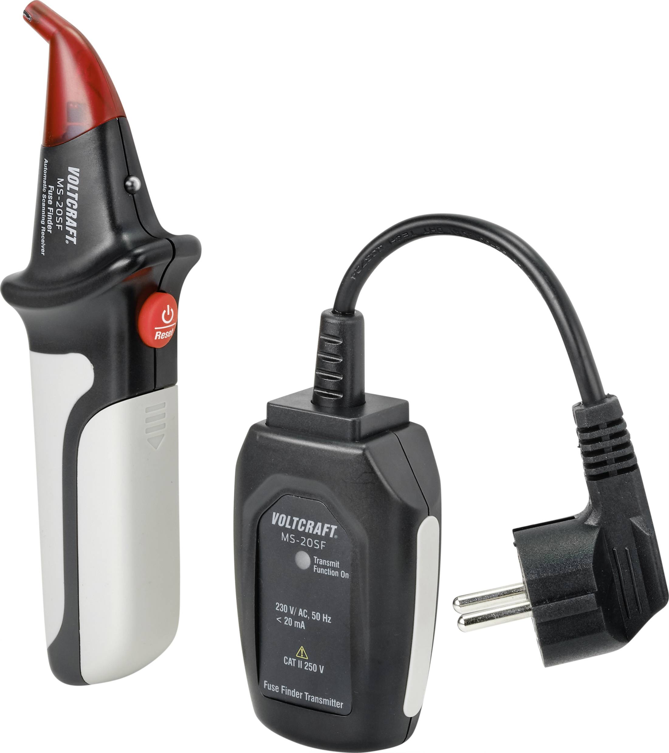 Ensemble de testeurs de tension 'Voltcraft' comprenant deux appareils : Un stylo testeur en forme de câble avec une pointe rouge et un adaptateur avec fiche secteur.