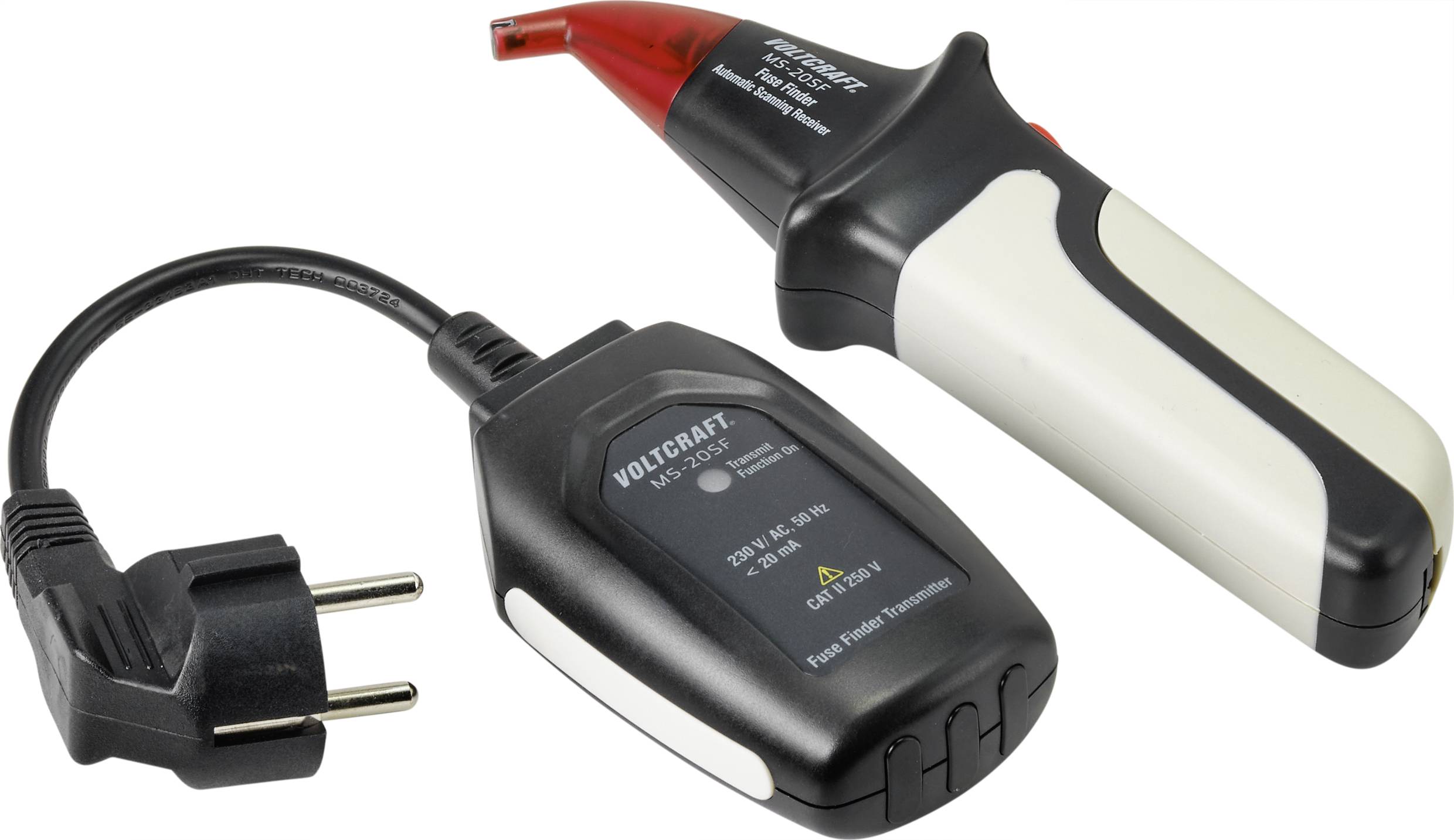 Testeur de tension portable avec connexion enfichable. À gauche, le testeur de prise de courant, à droite le testeur de tension avec pointe rouge.