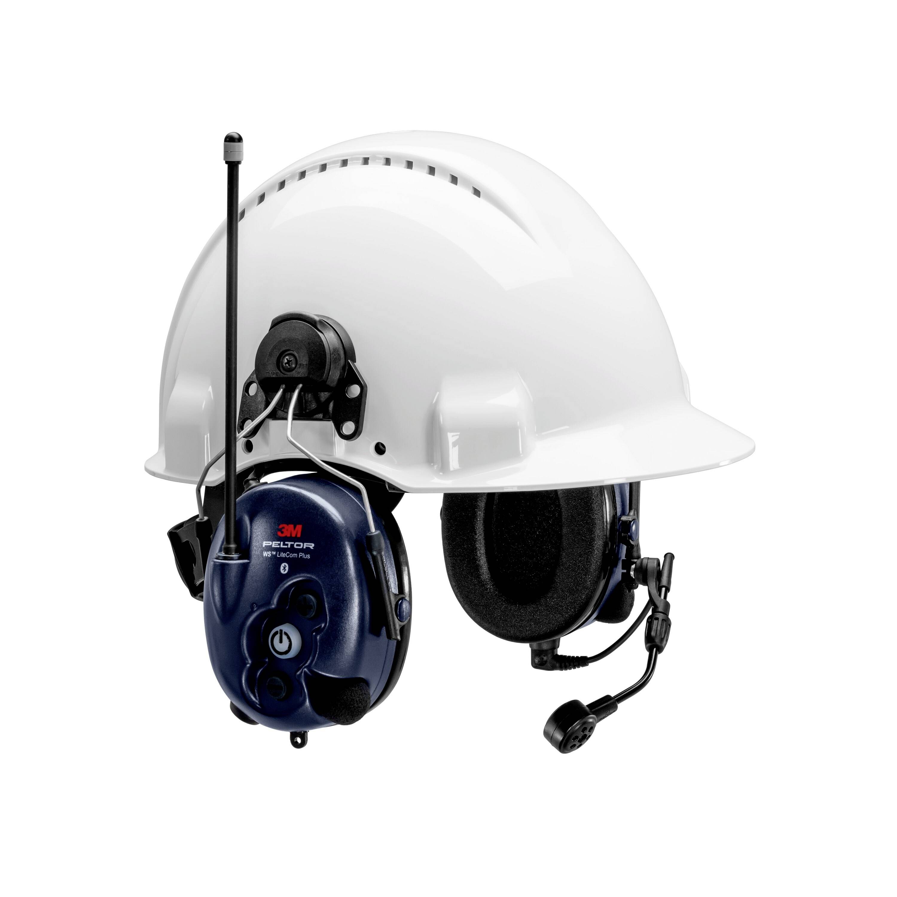 Un casque avec protection auditive intégrée et microphone pour la communication sur les chantiers de construction ou dans des environnements bruyants.