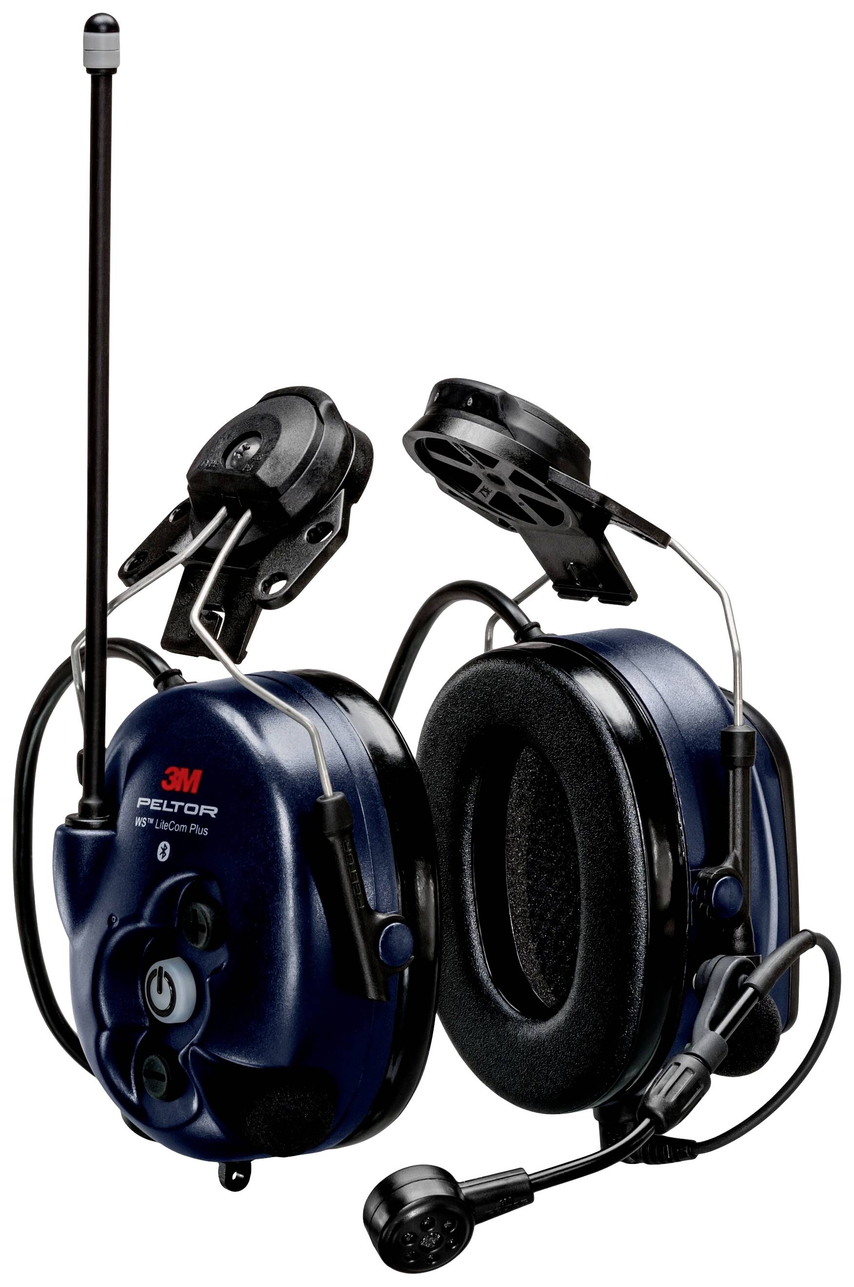 Protège-oreilles électroniques 3M Peltor avec microphone et antenne radio, coloris bleu foncé-noir, conçu de manière robuste pour les environnements bruyants.