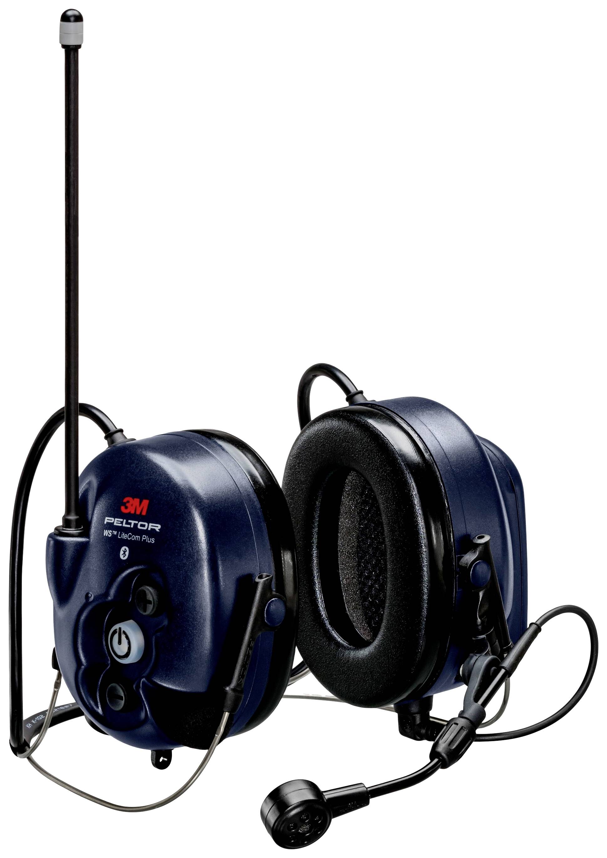 Une paire d'écouteurs anti-bruit bleu foncé sans fil avec microphone et antenne, marqués '3M Peltor'.