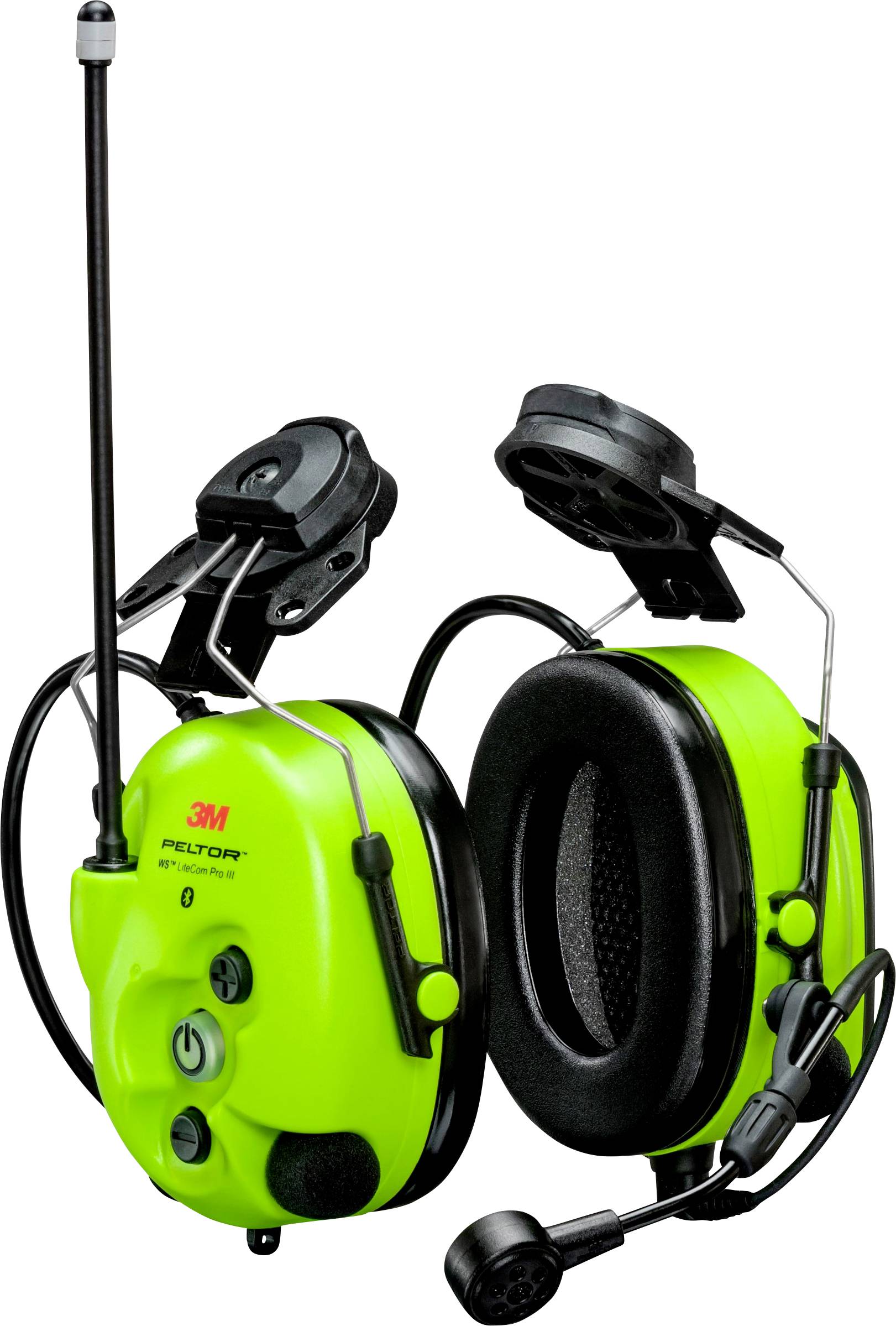 Casque antibruit vert néon avec radio intégrée et microphone de 3M, la marque étant clairement visible.