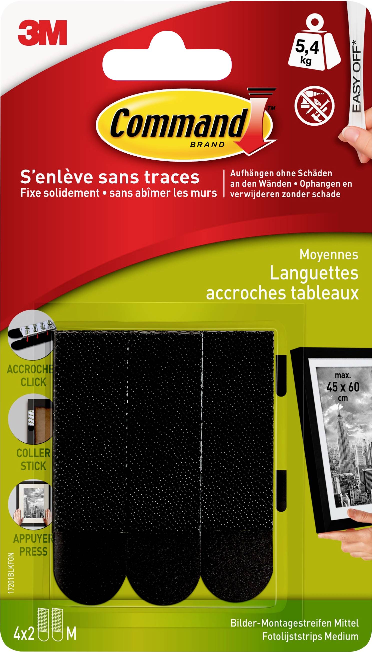 Emballage de produit pour les bandes de montage Command, montrant quatre bandes noires, supportant jusqu'à 5,4 kg, à retirer sans laisser de traces.