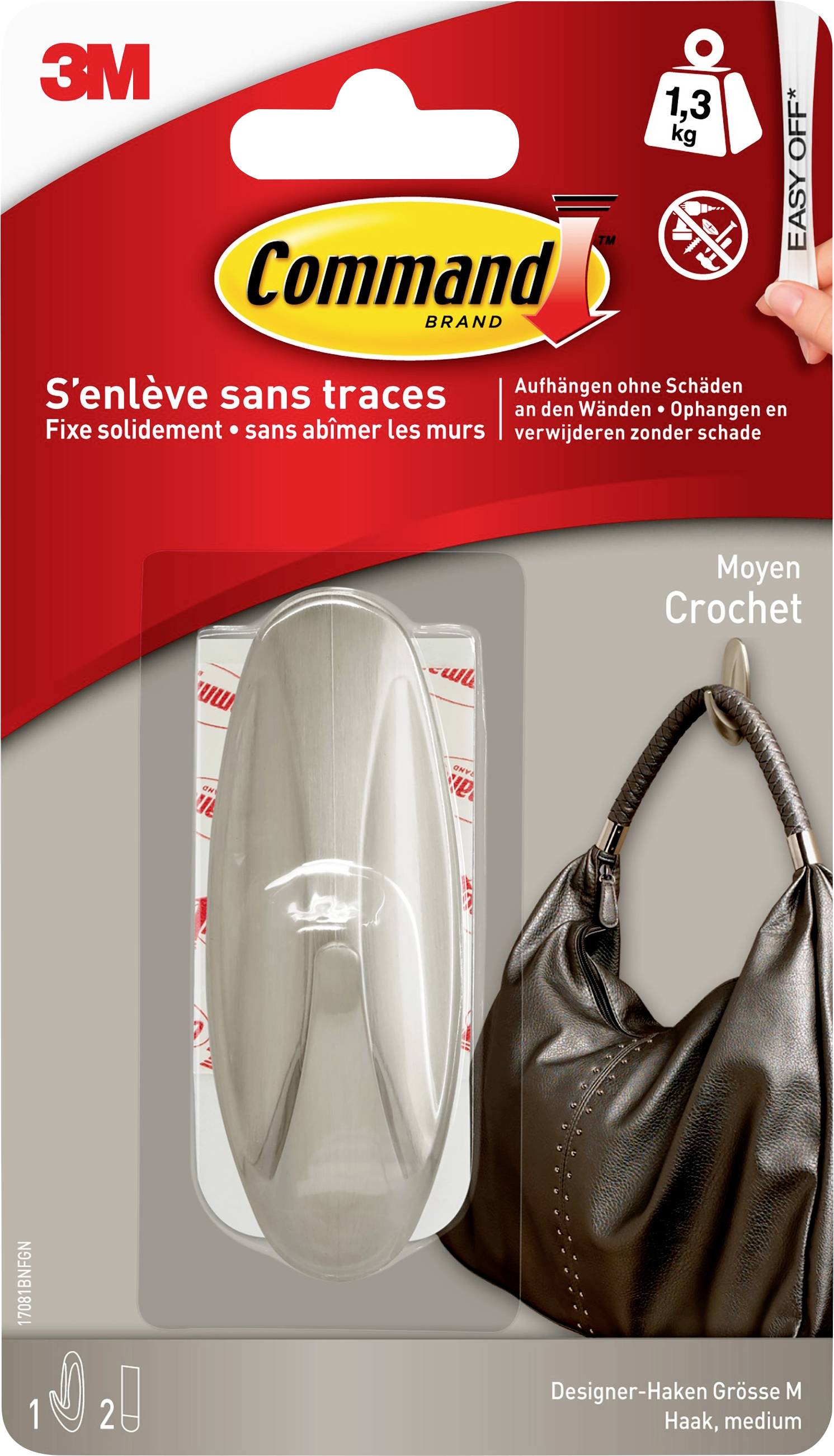 'Crochet de suspension Designer-Command, taille moyenne, capacité de charge jusqu'à 1,3 kg. Facile à installer et à retirer sans laisser de traces. Adapté pour les sacs.'