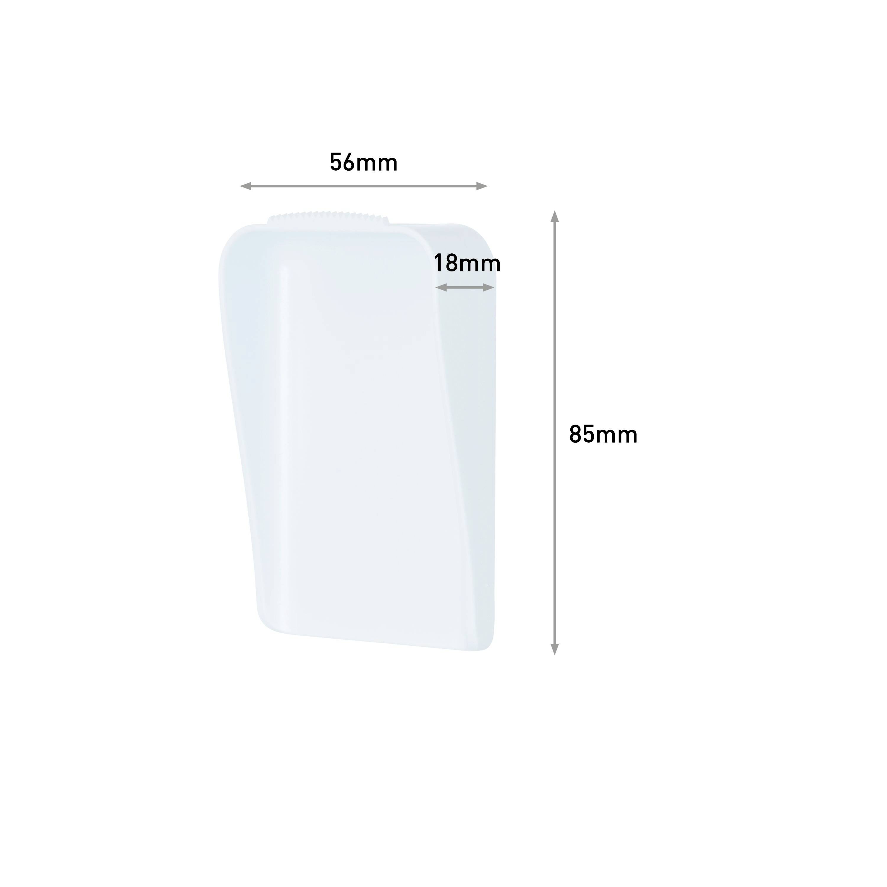 Boîtier en plastique blanc mesurant 56 mm de large, 85 mm de haut et 18 mm de profondeur.
