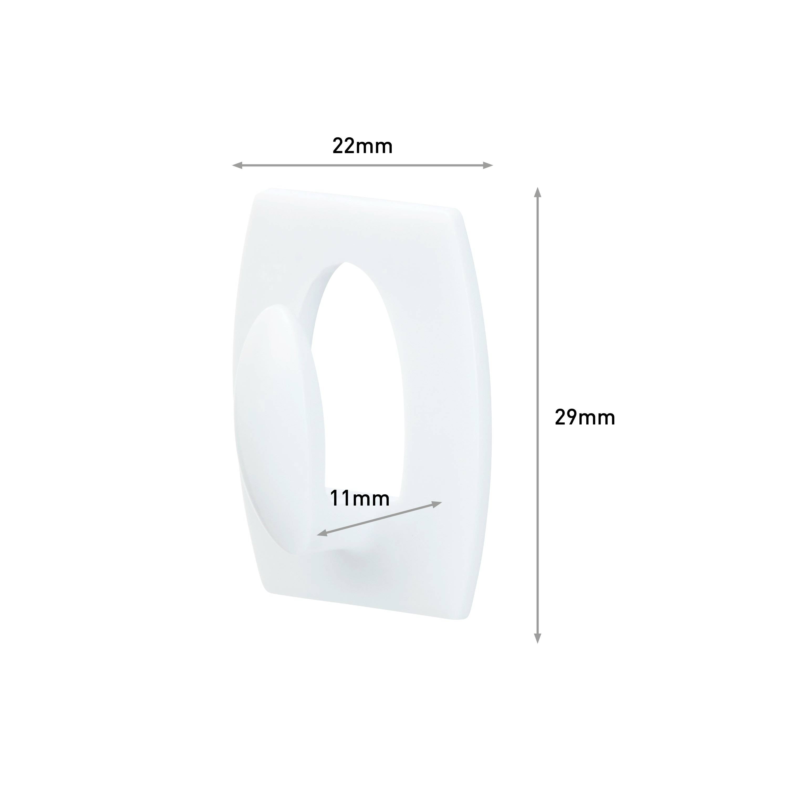 Clip oval en plastique de dimensions 22 mm x 29 mm x 11 mm.