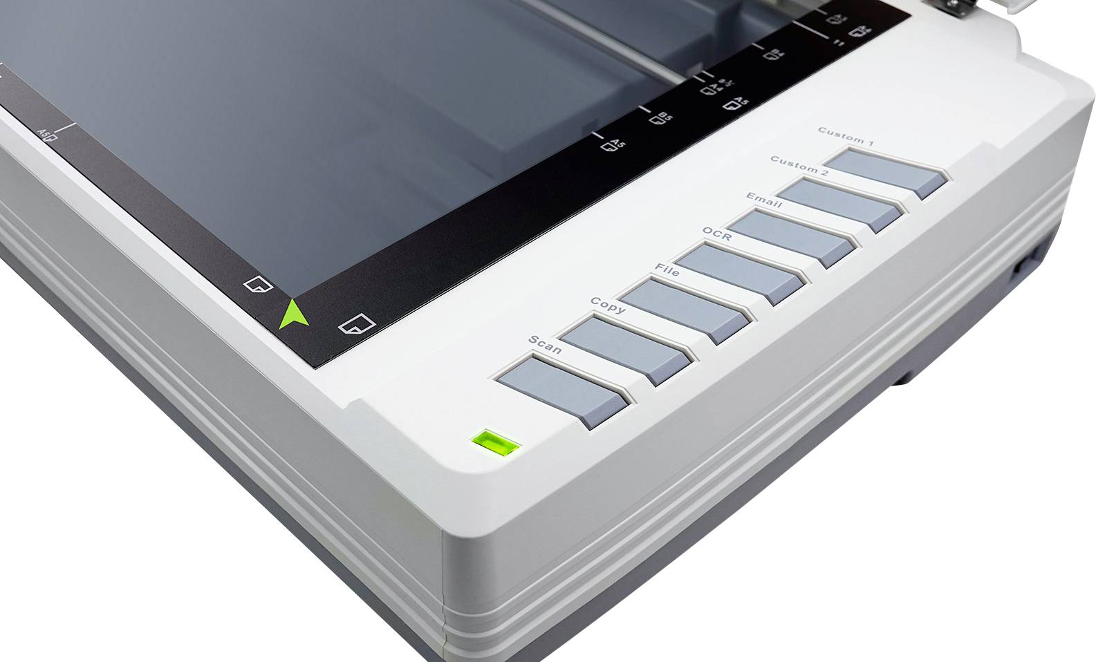 Un scanner avec de nombreuses touches de fonction comme 'Scan', 'Copy' et 'OCR' sur le devant, prêt à être utilisé.