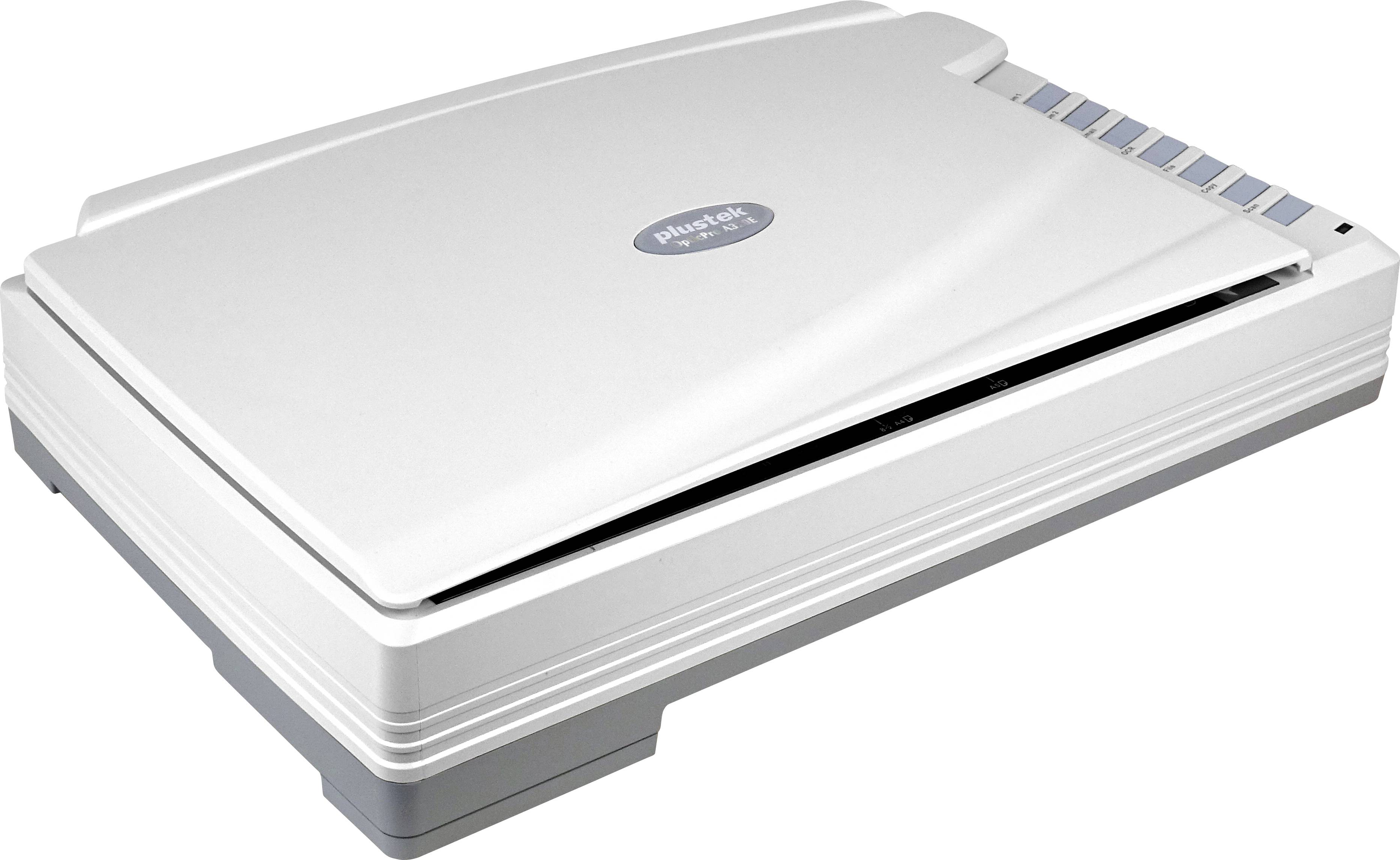 Scanner à plat blanc avec couvercle fermé, adapté à la numérisation de documents ou de photos au bureau ou à la maison.