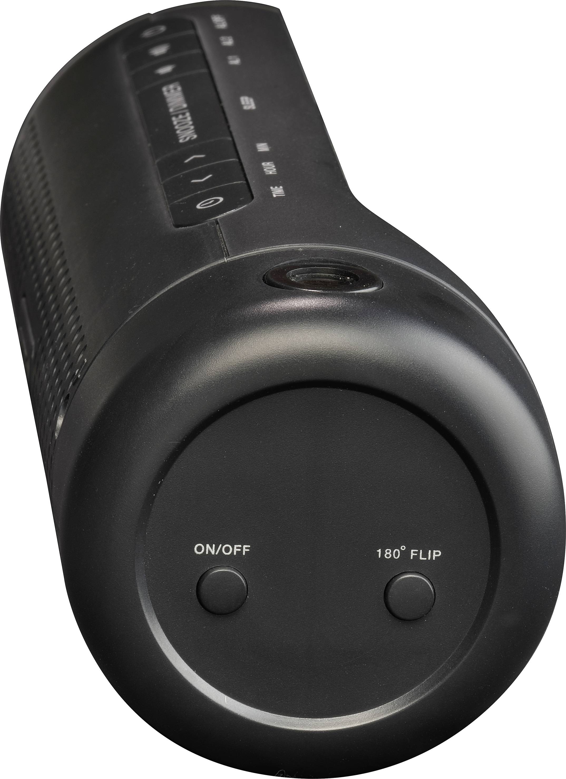 Haut-parleur noir cylindrique avec bouton 'Marche/Arrêt' et 'Rotation 180°' sur le côté.