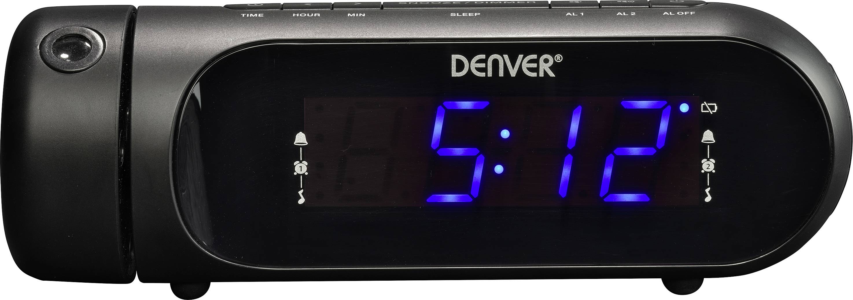 Réveil numérique noir avec affichage LED bleu indiquant l'heure '5:12'.