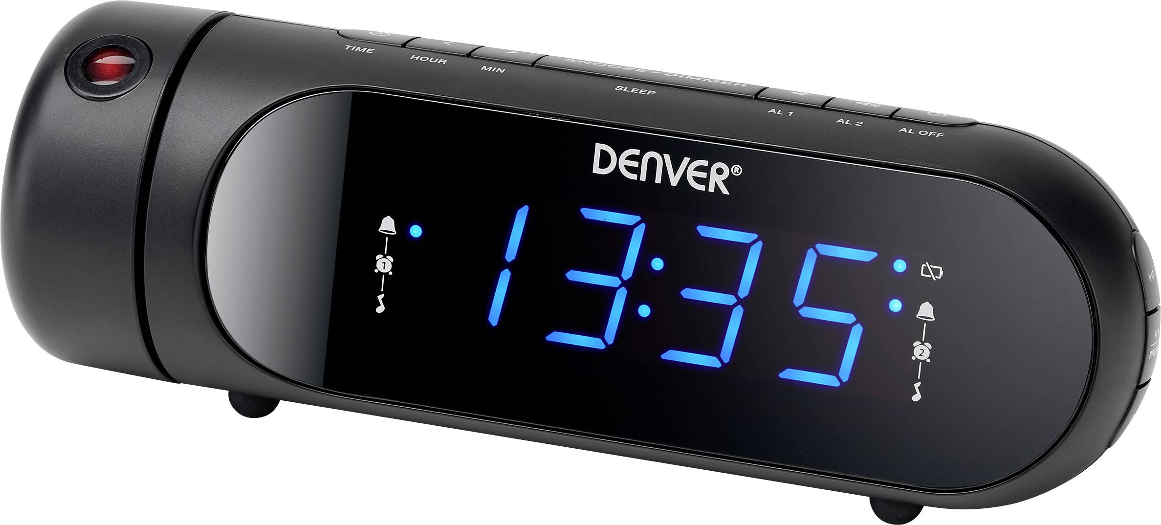 Réveil numérique noir avec affichage LED bleu indiquant '13:35'. Des touches de fonction sont situées en haut de l'appareil.