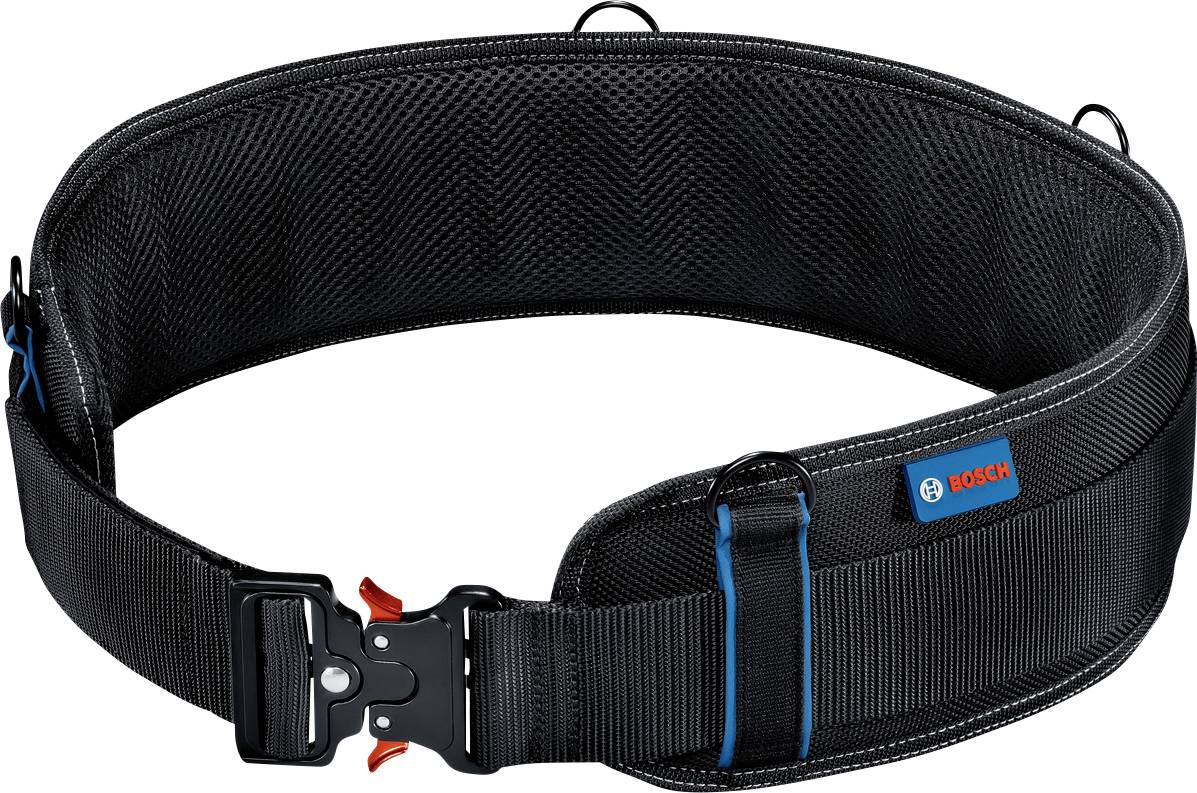Ceinture large en noir avec une boucle et un bord bleu, adaptée pour la fixation d'outils, logo de marque visible sur le côté.