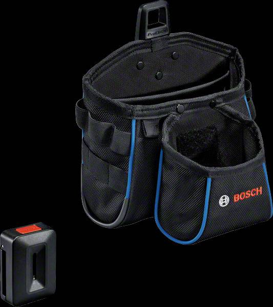 Sac à outils noir avec logo Bosch, plusieurs compartiments et supports, à côté un petit objet rectangulaire noir.