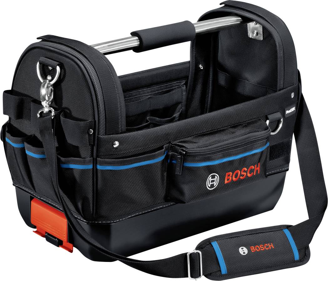 Sac à outils noir avec poignée de transport et bandoulière. Logo 'Bosch' sur le côté. Équipé de pinces métalliques et de touches bleues.