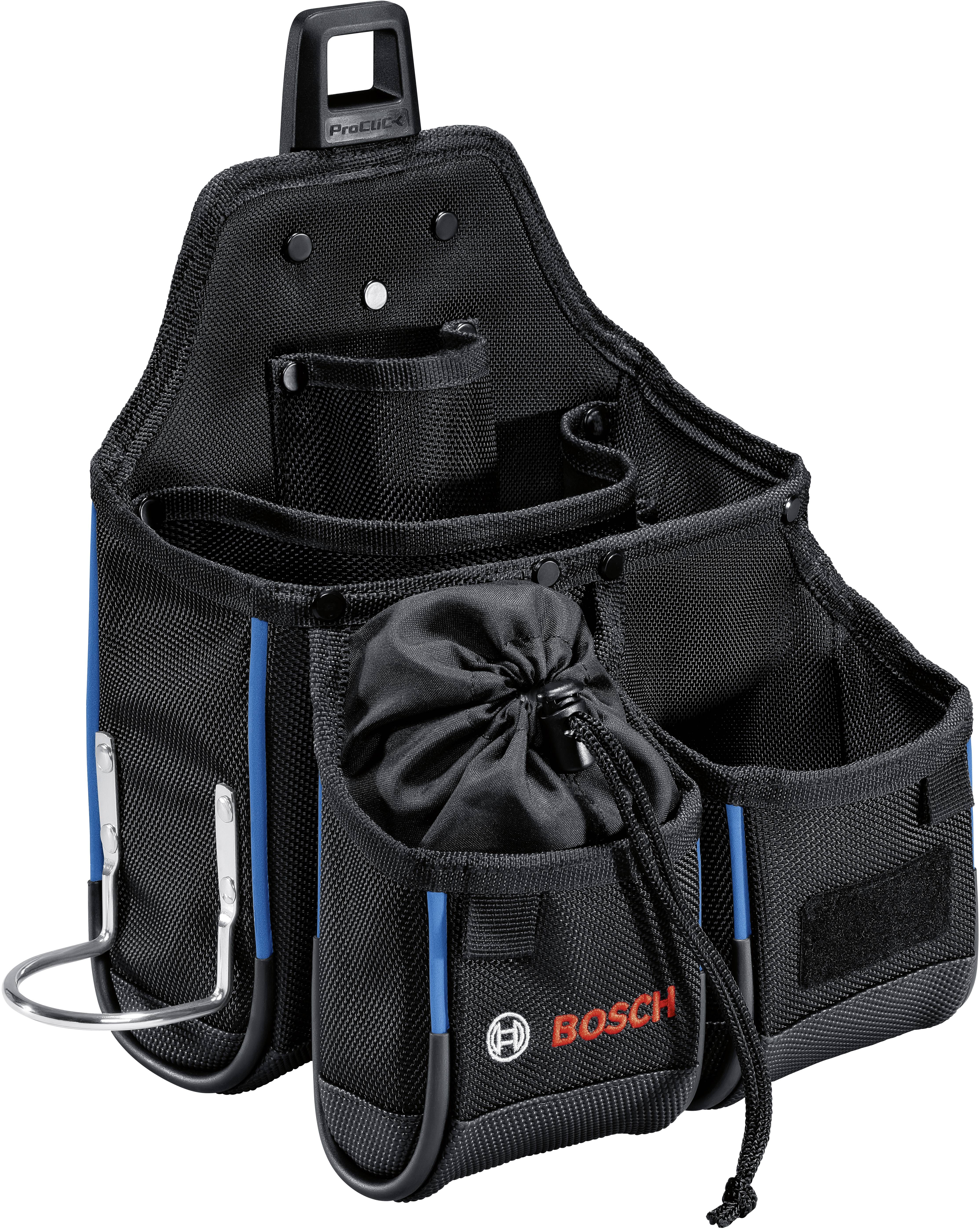 Sac à outils Bosch noir avec plusieurs compartiments, une boucle à cordon et des crochets métalliques, adapté pour ranger des outils.