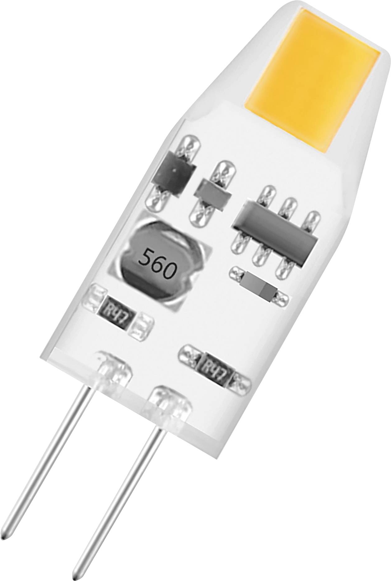 Ampoule LED G4 avec boîtier transparent et deux broches. Composants électroniques visibles et zone lumineuse jaune en haut.