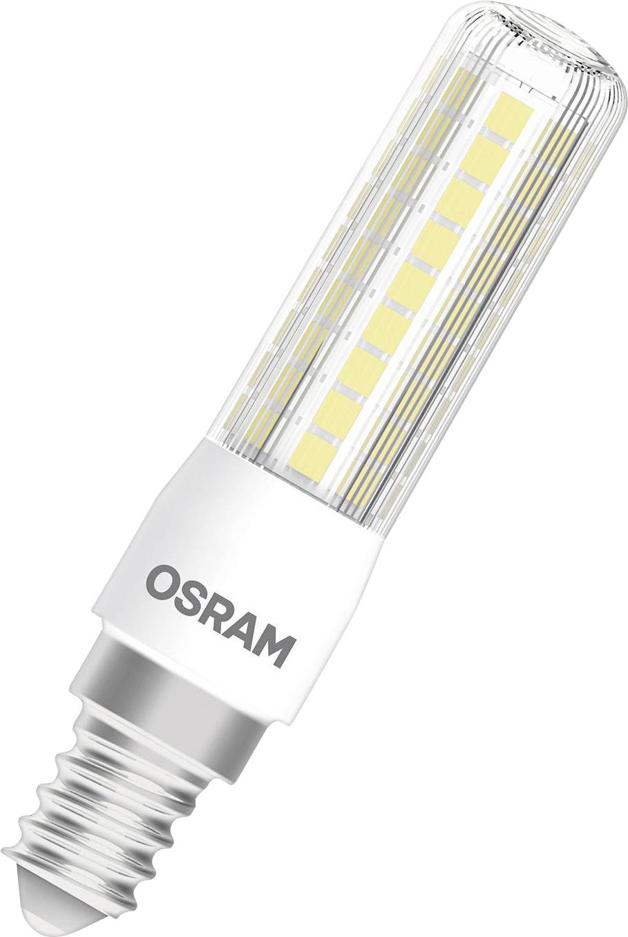 Une ampoule LED OSRAM avec douille E14, de forme allongée, avec de nombreux petits éléments lumineux visibles.