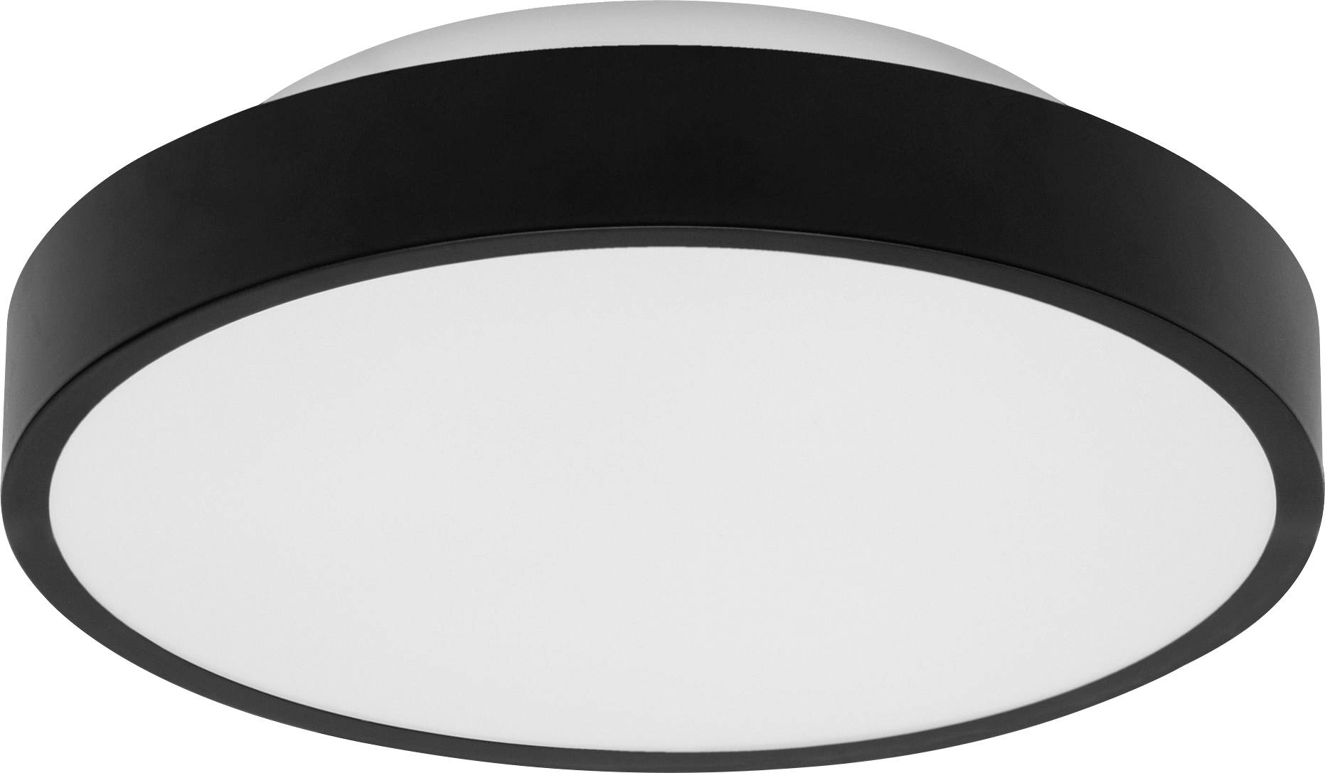 Plafonnier rond et plat avec un cadre noir et un panneau lumineux blanc, adapté à l'éclairage moderne des espaces.