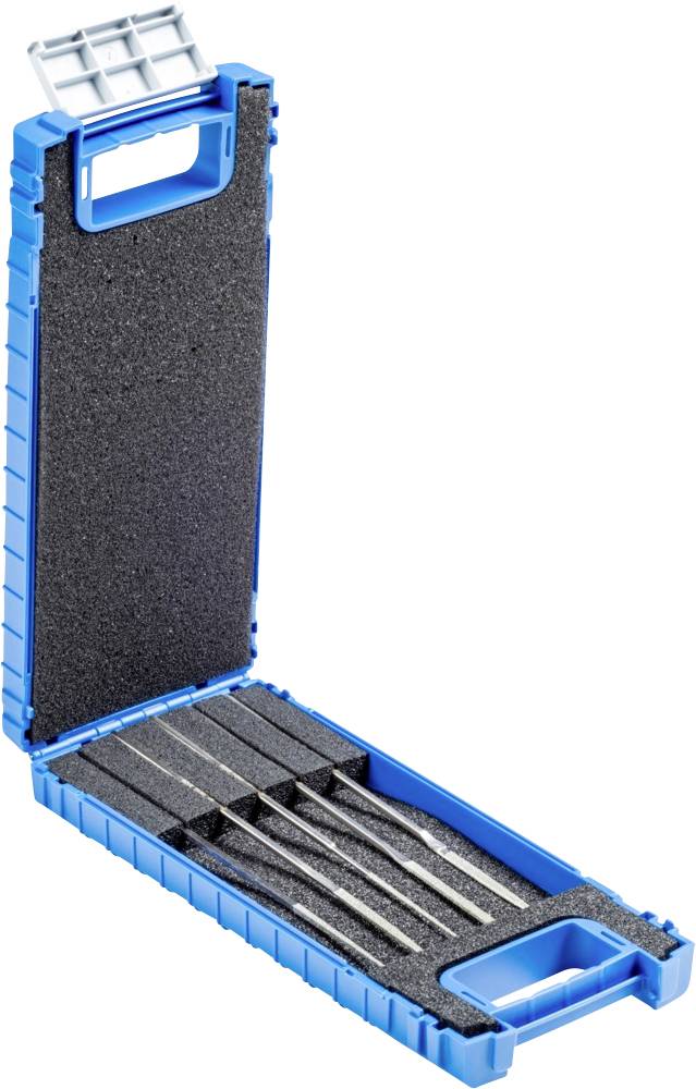 Boîte à outils bleue ouverte avec mousse noire, contenant cinq outils métalliques soigneusement disposés.