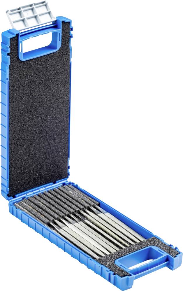 Une boîte à outils bleue ouverte contenant plusieurs limes métalliques soigneusement rangées côte à côte sur une mousse noire.