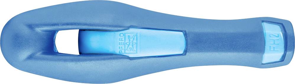 Poignée en plastique bleu d'un outil avec ouverture et logo.