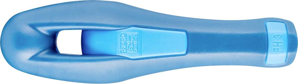 Une poignée en plastique bleu, ergonomiquement conçue, probablement un élément d'un outil ou d'un appareil.