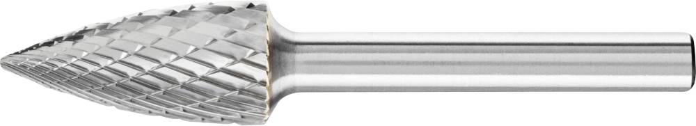 Un fraiseur en carbure de tungstène conique avec rainurage prononcé et tige cylindrique lisse, utilisé pour meuler et mettre en forme des matériaux.