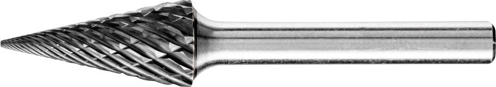 Un fraiseur conique en métal avec des dents de coupe hélicoïdales, utilisé pour l'usinage et le meulage précis des matériaux.
