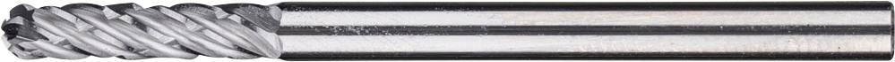 Fraise en métal avec des arêtes de coupe spiralées, orientée horizontalement. Utilisée pour l'usinage précis de matériaux solides.