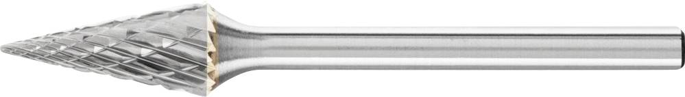 Une fraise conique en métal avec un motif en losange pour le meulage ou le traitement de matériaux durs. Adaptée aux travaux de coupe précis.